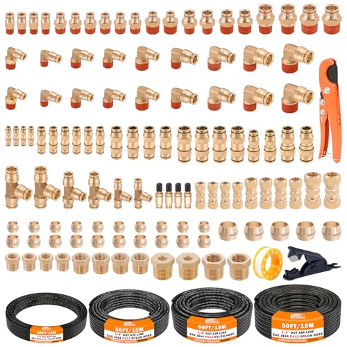 CheeMuii 124PCS Brass DOT Air Line Fittings with 4 Roll 50FT DOT Air Lines - size: 50FT-4ROLL-124PCS