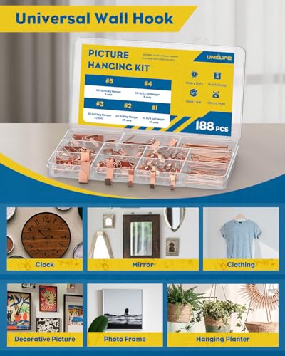 Uniclife 188 Pcs Rose Gold Picture Hanging Kit, 10 lb, 20 lb, 30 lb, 50 lb, 100 lb Heavy Duty Picture Hangers for Drywall & Wood, Picture Hanging Hooks, Frame Hooks for Hanging Photos - size: 188 Pcs, style: Rose Gold