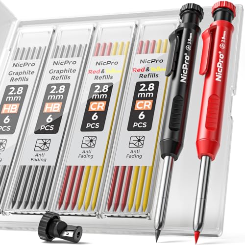 Nicpro Carpenter Pencils with Sharpener, Mechanical Pencil for Construction - color: Black,Red, size: 2 Pack