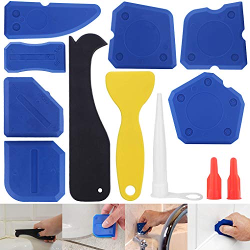 Caulking Tool, 12 Pieces Silicone Sealant Finishing Grout Tools Kit, Caulk Skirting Boards & Base Boards Replaceable Pads, for Bathroom Kitchen Sealing Hand Caulk Removal Tool (Blue)