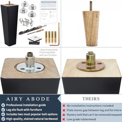 Airy Abode Premium Black Square Furniture Legs (Full Install Kit) - Pick Your Size and Color - color: Black, size: 4 Inches