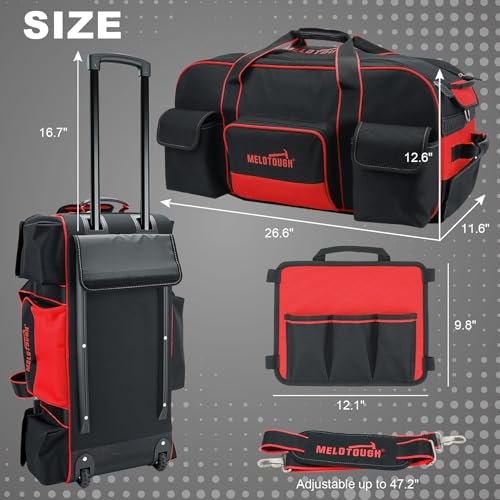 MELOTOUGH Rolling Tool Bag with Wheels,Large Capacity Tool Bag Organizer with Concealed Telescoping Handle for Electrician,Construction,HVAC,Technician (Red/Black) - color: Red/Black