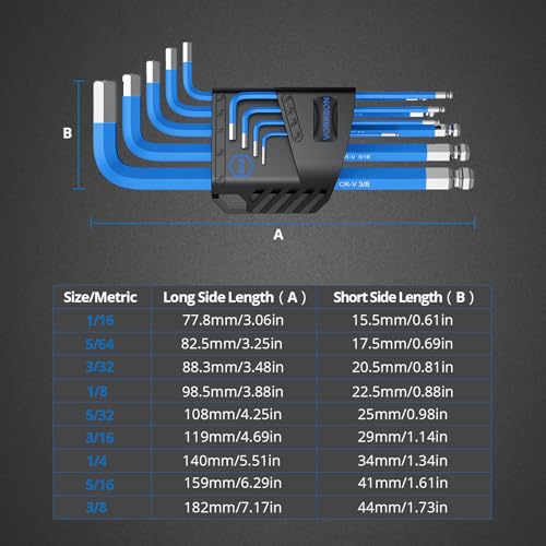 9 pcs SAE Hex Key Set 1/16 to 3/8 inch, Imperial Allen Wrench with Long Arm Ball and Flat End Visible coding for Bike Repair, Automotive and Home DIY - size: 9PCS SAE Allen Wrench Set
