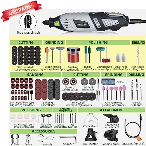 PHALANX 180W Rotary Tool Kit, 1.5-Amp 6 Variable Speed with Flex Shaft, 8000-35000RPM Rotary Multi-Tool& 213pcs Accessories Kit, Power Multiuse Set (Renewed)
