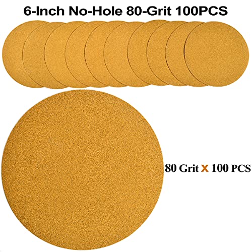 6-Inch No-Hole Hook and Loop Gold Sanding Discs 80-Grit, 100-Pack - size: 80 Grit