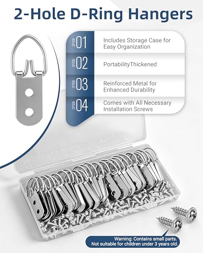 Picture Frame D-Ring Hangers with Screws 30 Pack, Double Hole Hanging Hardware for Photo Frames, Wood Frames and Wall Art – 60 Screws Included, Stainless Steel.