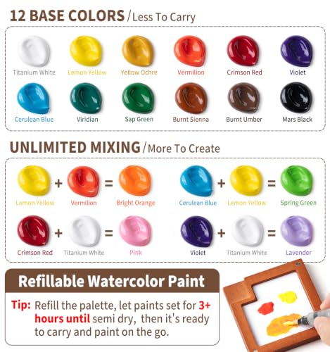 12-Color Travel Watercolor Set with Clip-On Wood Palette