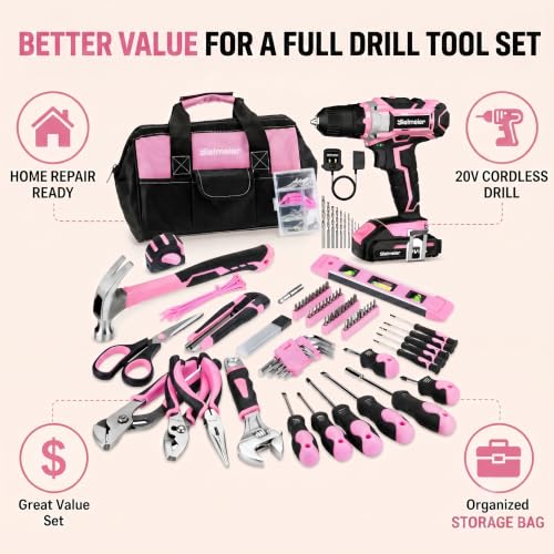 Bielmeier 20V 236Pcs Cordless Pink Drill Set for Women, Home Tool Kit