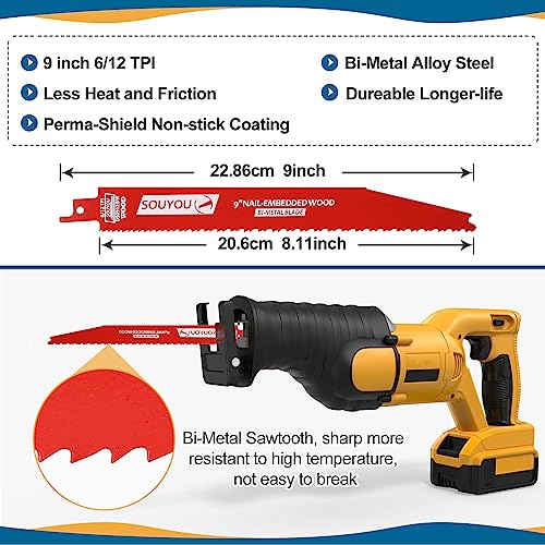 50 Pack 9 Inch 6/12 Tpi Reciprocating Saw Blades Bi-Metal Steel Demon with Perma-Shield Coating Stud and Reciprocating Saw Blades for Cutting Embedded Wood Metals PVC Pallets etc. - size: 9in 50Pack, style: 6/12 Tpi