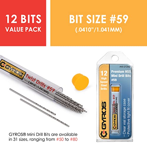 GYROS 12 PCS #59 Micro Drill Bit Set – Small Drill Bits for Jewelry, Plastic, Resin, & Soft Metal – High-Speed Steel Wire Gauge Mini Twist Drill Bit Set for Pin Vise Hand Drill & Rotary Tool - size: #59 (.0410”/1.041MM)