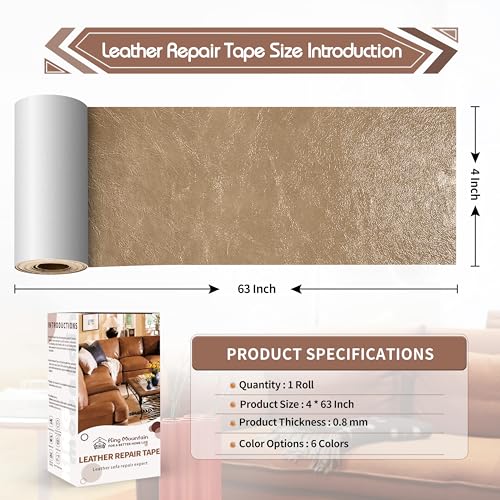 KING MOUNTAIN Leather Repair Patch,4 x 63 Inches self Adhesive Leather Repair Tape for Damaged Leather Furniture, Sofa Seating,Car Seats, Leather Goods（Khaki） - color: Khaki, size: 4" x 63"