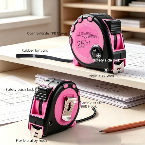 Lichamp Pink Tape Measure 4 Pack, 10ft x 5/8in, 16ft x 3/4in, 25ft x 1in