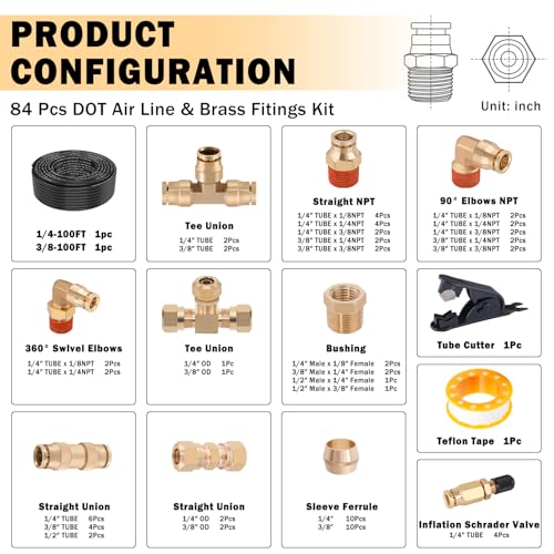 CheeMuii 80 PCS Brass DOT Air Line Fittings with 1/4" & 3/8" DOT Air Hoses - size: 2ROLL-84PCS