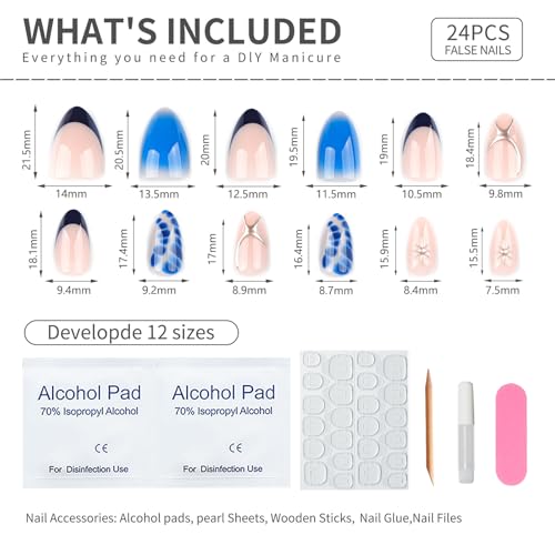 Blue Press On Nails Almond Shape 24pcs, Gradient Ombre False Nail with Star Design, 3D Pattern Medium Length Fake Nails, Glossy Stick On Nail Reusable Acrylic Glue On Nails Kit for Women - color: 34-Dark blue silver lines