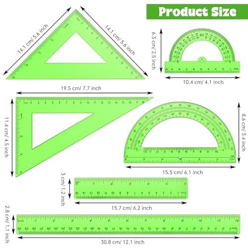 Tenare 6 Pcs Math Geometry Ruler Straight Protractor Triangle, Green - color: Green