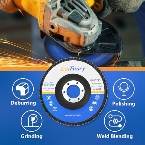 LotFancy Flap Disc 4 1/2” for Angle Grinder, 40 Grit, Bevel Type 29, Premium Zirconia Abrasive Grinding Wheels, 4.5" x 7/8” Flap Sanding Disc for Metal, Stainless Steel, 10-Pack - style: 10 Pack (40 Grit T29 Zirconia)