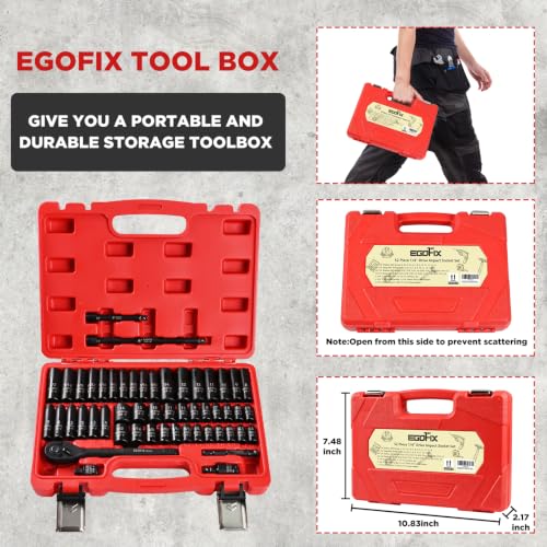 1/4" Socket Ratchet Wrench Set 52PCS, Metric Shallow and Deep Socket (4-14mm), SAE Shallow and Deep Socket (5/32-1/2 inch), with Ratchet Handle, Extension Bar, Adapter, Impact Universal Joint - color: 1/4-52pcs