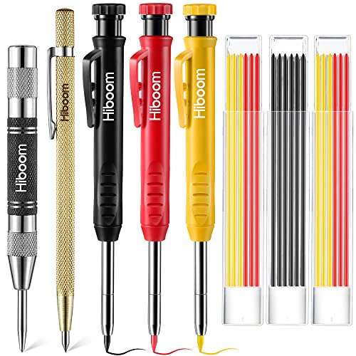 Hiboom 8PCS Carpenter Pencil Set with Sharpener, Mechanical Carpenter Pencils with 18 Refill, Automatic Center Punch and Carbide Scribe Tool for Architect Construction Woodworking