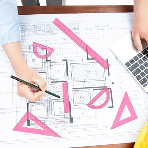 Plastic Clear Ruler Math Set, 6" | 12" Straight Ruler Protractor, 2 Protractors 180 Degree 2 Triangle Rulers 45 | 60 Degree 2 Straight Rulers Measuring Tool for School Office Home Supplie,Pink - color: Pink