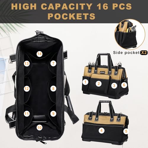 20 IN Large Tool Bag For Men Heavy Duty, Drill Bag Tool Bag Organizer, Wide Mouth Waterproof Hard Bottom Multiple Pockets Tool Tote, Tool Caddy, Maintenance - size: 20 Inch