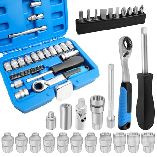 29PCS Pass Through Socket Set, 1/4" Drive Go-Thru Ratchet Kit