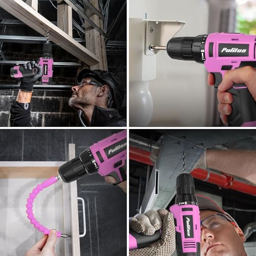 PULITUO Drill Set, 149-Piece Home Tool Set with 12V Pink Cordless Drill, Tool Box, Hand Tool Kits for Women & Men and DIY Enthusiasts, for Home Improvement - style: 12V Set（Pink）