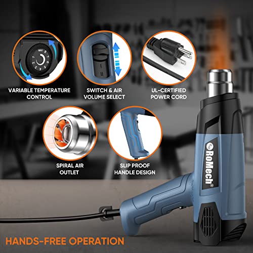 ROMECH 1500W Heavy Duty Heat Gun, Variable Temperature Control Hot Air Gun Kit with 2 Air Flow 120°F~1200°F and 4 Nozzles for Crafts Shrink Wrap (Blue) - color: Blue