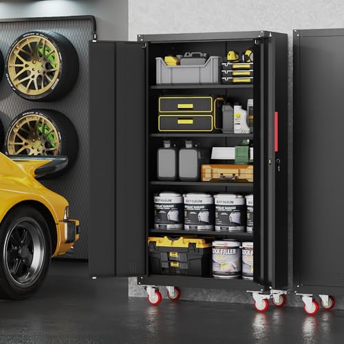 Metal Storage Cabinet with Wheels,71"H Garage Cabinets with 4 Adjustable Shelves + Lockable Door,Heavy-Duty Garage Cabinet and Storage System for Garage,Home Workshop & Office(200 lbs per shelf)