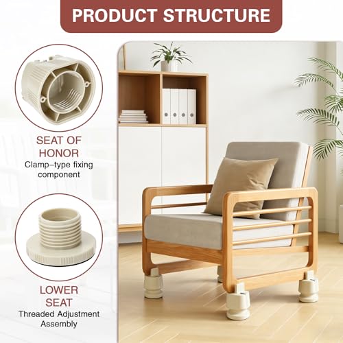 4 Pack Adjustable Furniture Risers 2.36" to 3.15", Heavy Duty Bed Risers with Clamp Design, Clamp-On Levelers for Chair Table Sofa Cabinet Legs, Furniture Height Extenders Leg Lifts (Beige) - color: Beige