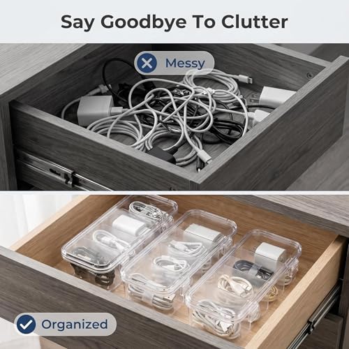 3 Pcs Charger Organizer, Clear Plastic Cord Organizer with Lid, Office Desk Drawer Organizer Box for Chargers, Adapters & Desk Electronics Accessories (15-Compartment)