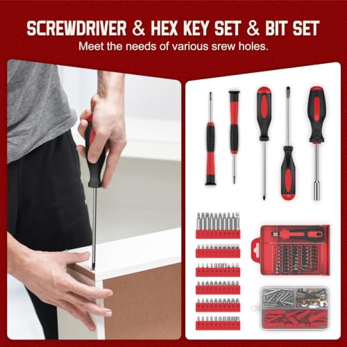 Sundpey 379 Pcs Portable Complete Home and Auto Tool Kit with Drawer Red - color: Red