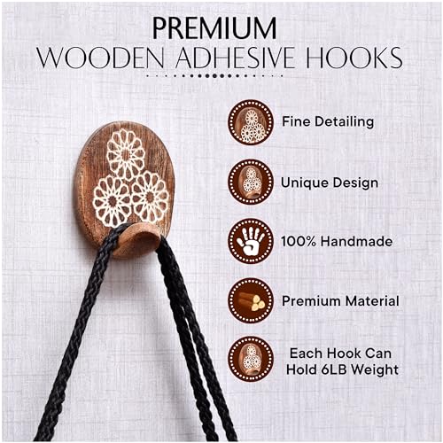 Indian Shelf 6 Boho Wood Adhesive Wall Hooks Peel Stick for Keys and Bags - color: Brown Style 7