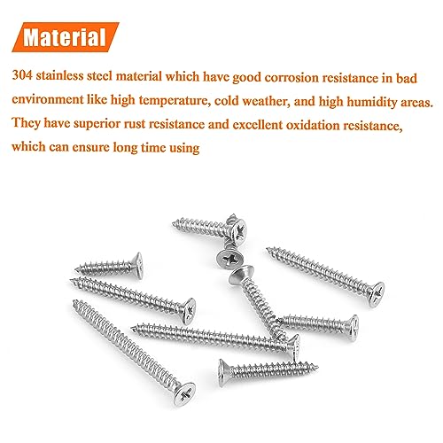 #4 x 1/2" 5/8" 3/4" 1" 1-1/4" Wood Screws Set, HELIFOUNER 200 Pieces Phillips Countersunk Head Self-Tapping Screws Assortment Kit, Phillips Flat Head Wood Screws, 304 Stainless Steel - size: #4
