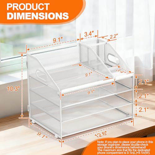 DocNest 4 Tier Metal Mesh Desk File Organizer with Phone Shelf, White - color: White, size: 12.6" x 9.1" x 10.3"