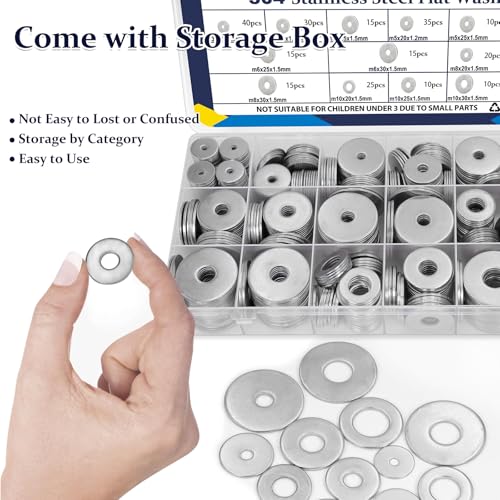 ZQZ 290Pcs Stainless Steel Flat Washers Assortment Kit;Fender Washer M3-M12 - size: 15 Sizes 290 Pieces