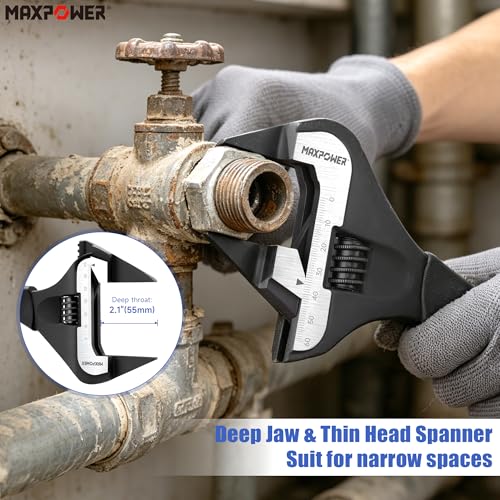 MAXPOWER 12-inch Slim Jaw Adjustable Wrench, Extra Thin Jaw Wide Opening Adjustable Wrench, Dual Scale with Metric and SAE, Soft Grip Handle - size: 12"