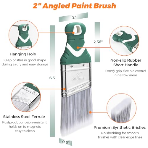3 Pack 2" Angled Paint Brush Set, Synthetic Bristles, Rubber Short Handle - size: 2 Inch Angled, 3 Pack