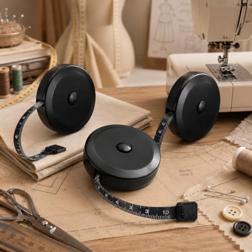 Retractable Soft Tape Measure 2 Pack, Dual Scale for Body Sewing | Black retractable tape with cm/inch scales, 5.2cm diameter, ABS case and PVC tape for sewing and crafting - color: Black