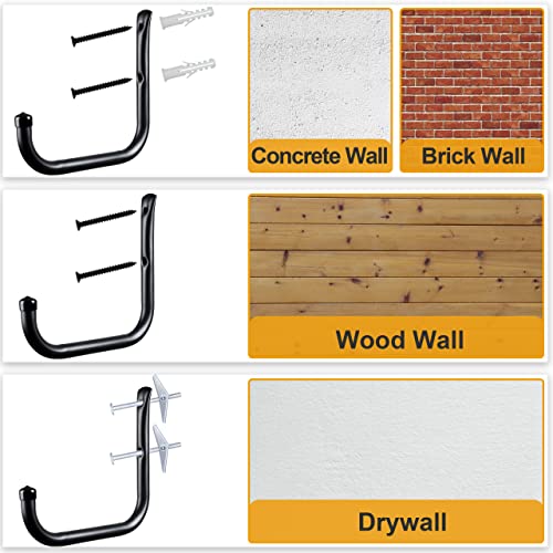 KURUI Wall Hooks for Garage Garden, 4 Pack Water Hose Holder, Large Garage Storage Hanger for Ladder Bike Extension Cord Tool, Wall Mount l Hooks, Black Heavy Duty 8 inch Long Hook - size: 8''-4pcs
