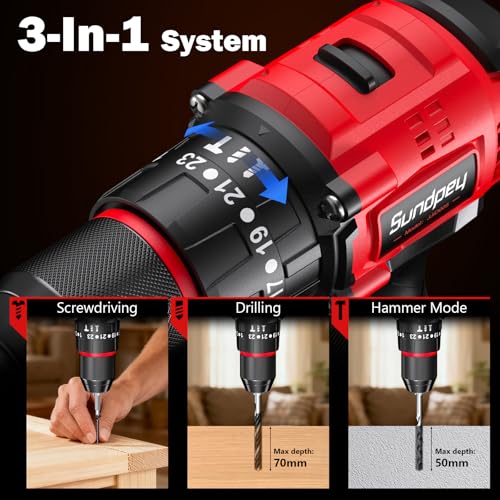 Sundpey 620In-lbs Brushless Cordless Drill Set, Electric Power Drill Set - color: Red