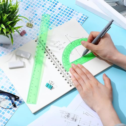 Zonon 2 Pcs 12 Inch Clear Ruler and 6 Inch Plastic Protractor Set, Green - color: Green