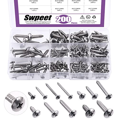 Swpeet 200Pcs #6#8#10#12 304 Stainless Steel Phillips Truss Head Self Tapping Screws Phillips Cross Drive Wood Screws Sheet Metal Screws Assortment Kit for Sheet Metal, Wood, PVC Plastic - size: Assortment Kit