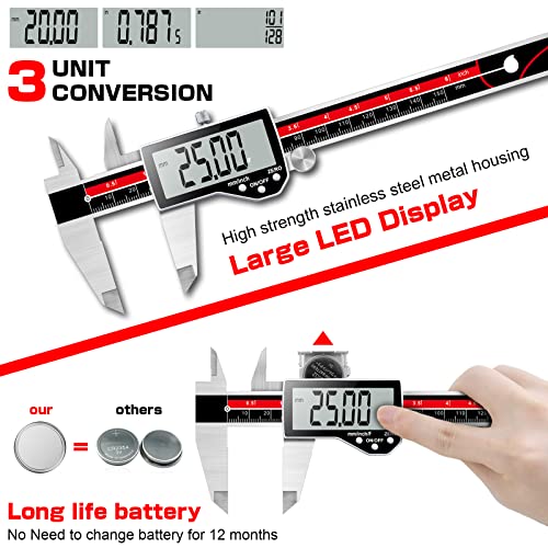 Qfun 6 Inch Digital Vernier Caliper Metal Metric Precision Measuring Tools | IP54 Waterproof ,Large LCD Screen & Auto-Off,Inch/Millimeter/Fraction Measurement Micrometer for Jewelry Engineer Carpenter