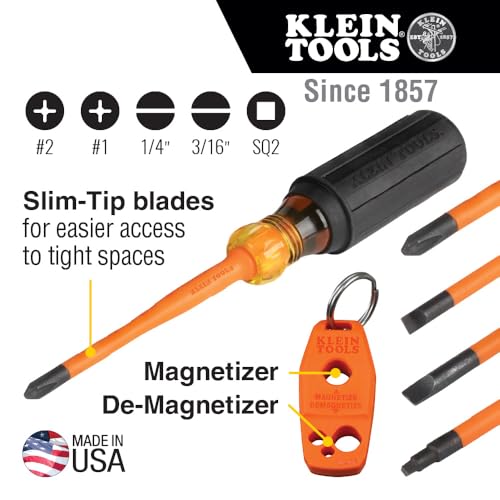 Klein Tools 33736INS Insulated Screwdriver Set, Made in USA, 1000V Slim-Tip Driver with Phillips, Cabinet and Square Bits and a Magnetizer, 6-Piece - style: 6-Piece Set
