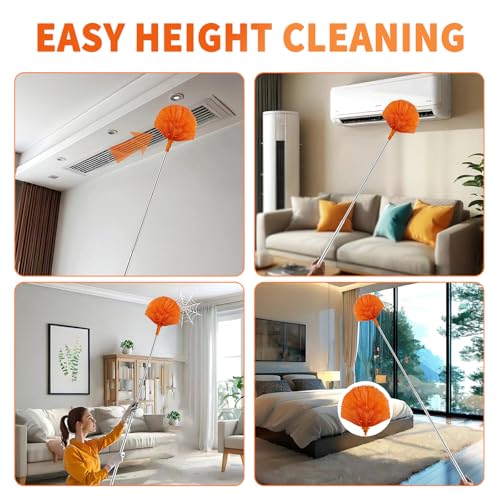 Cobweb Duster with Extension Pole,Cleaner Outdoor 110" Telescoping Extended Sspider Brush, Dusting Kit,Long Handle Reach for High Ceilings and Fans,Microfiber Webster Remover Tools Feather Dusters - color: Orange