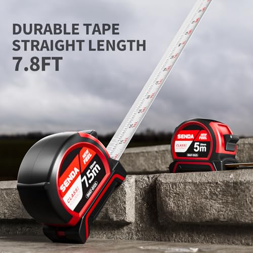 SENDA Tape Measure 16FT with 1/8 Fraction, Double-Hook Measuring Tape Retractable with 1 Inch Wide Blade & Belt Clip, ABS TPR Rubber Protection,Matte Nylon-Coated Blade for DIY, Construction (1 Pack) - color: Red, size: 16 FT