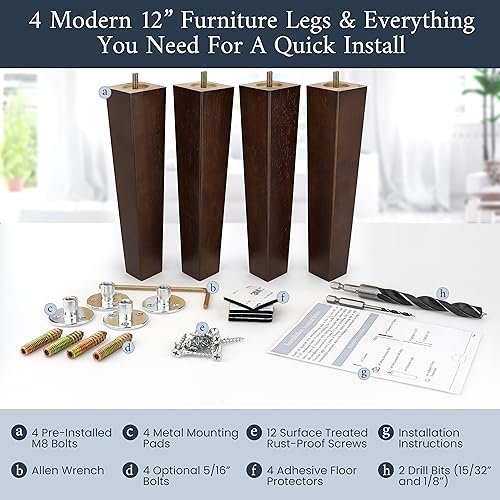 Airy Abode Premium Walnut Square Furniture Legs (Full Install Kit) - Pick Your Size and Color - color: Brown, size: 12 Inches