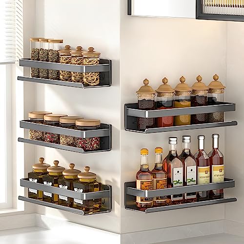 Stainless Steel Wall Mounted Floating Shelves, Drill-Free Adhesive or Screw In, Rustproof Bathroom Organizer & Kitchen Spice Storage Rack, Detachable Metal Display Shelf for Living Room, Gray