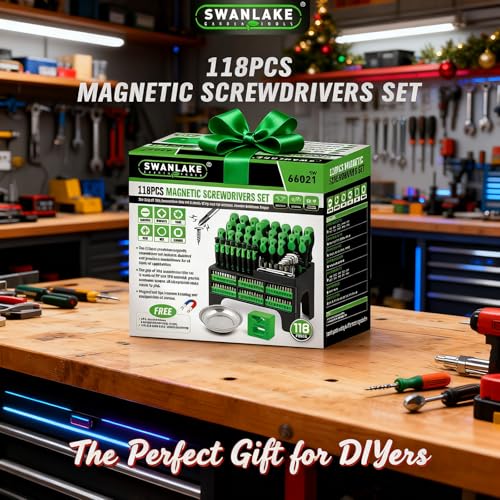 118-Piece Magnetic Screwdriver Set with Plastic Racking, Precision Screwdrivers, Magnetizer, Demagnetizer, Nut Drivers, Ratchet Handles, Allen Keys, Sockets & More - DIY Tools & Gift for Men - style: Durable