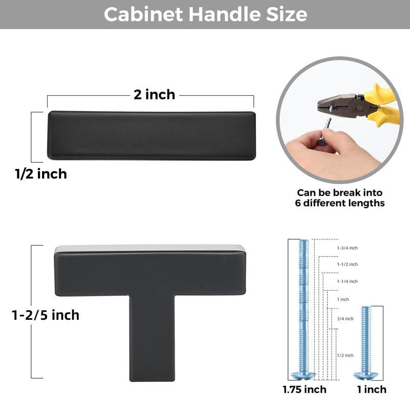 3 Pack Black Cabinet Knobs, 2in Length Square Bar Drawer Pulls | Single Hole Grip, Stainless Steel Build, Kitchen Cabinet Restyle, For Drawers, Dressers, Cupboards, Closet Doors - color: Matte Black, size: 3 Pack, style: Square
